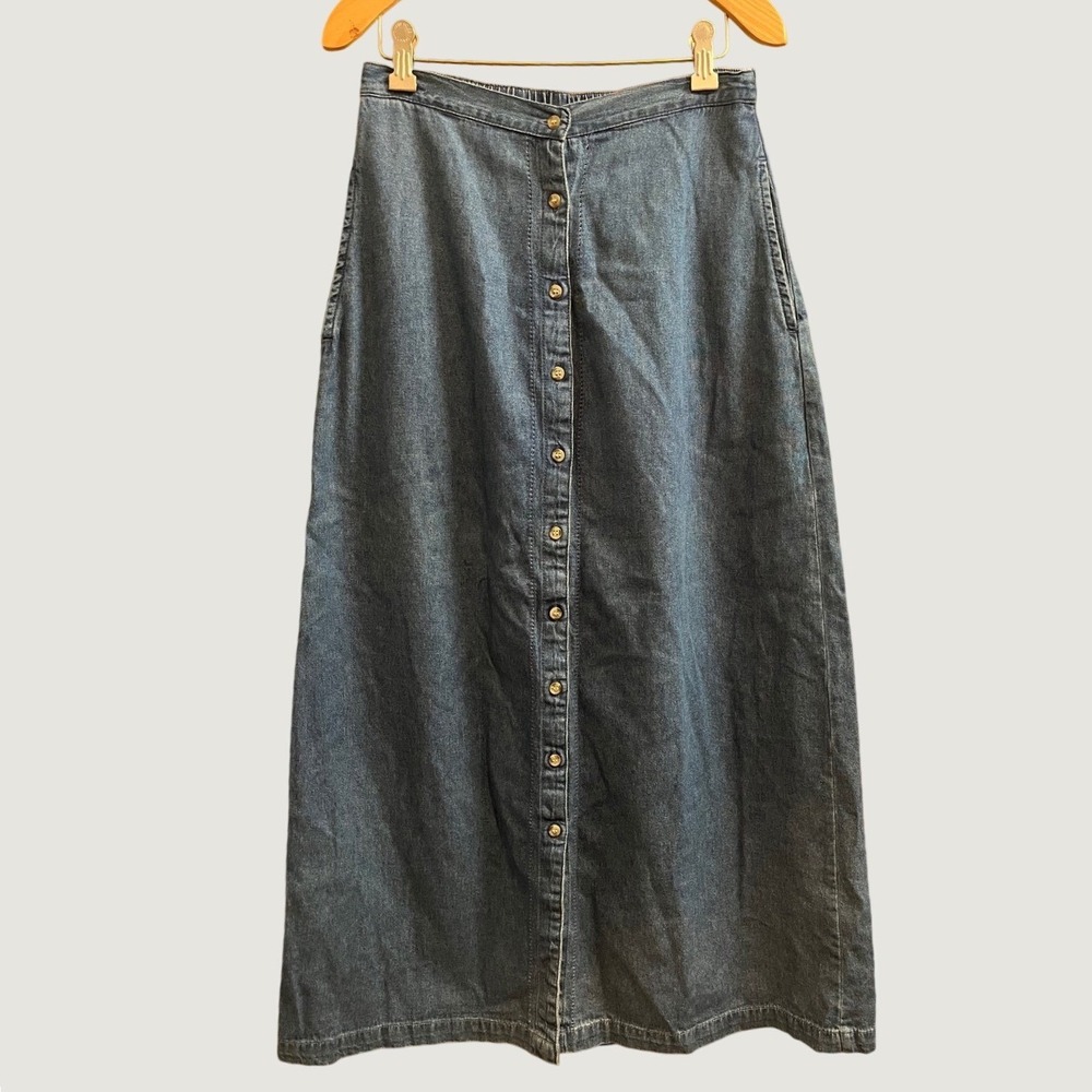 Bobbie Brooks Denim Maxi Skirt Women S Blue Button Front Elastic Back Cotton